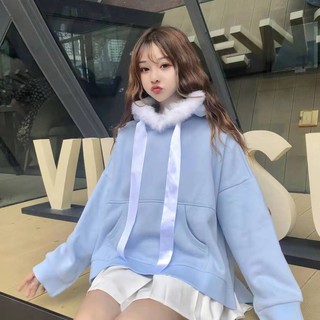 Dễ Thương Áo Hoodie Lông Mềm Phối Dây Ruy Băng Kiểu Hàn Quốc Xinh Xắn Cho Nữ Sinh