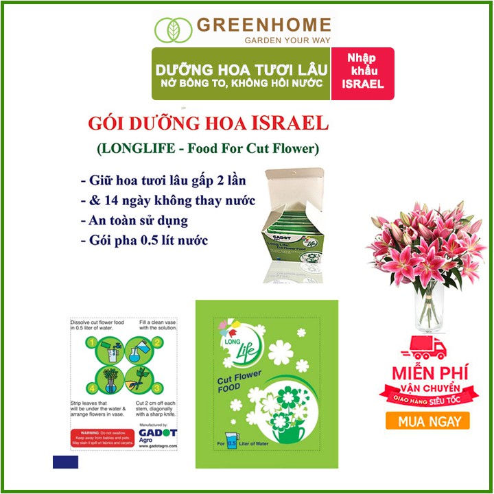 10 gói Dưỡng hoa lâu tàn Long Life, gói 5gr, hoa tươi lâu, nở bông to, không bị hôi nước |Greenhome