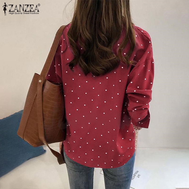 Áo sơ mi Zanzea cổ bẻ in họa tiết chấm bi phong cách Hàn Quốc thời trang cho nữ
