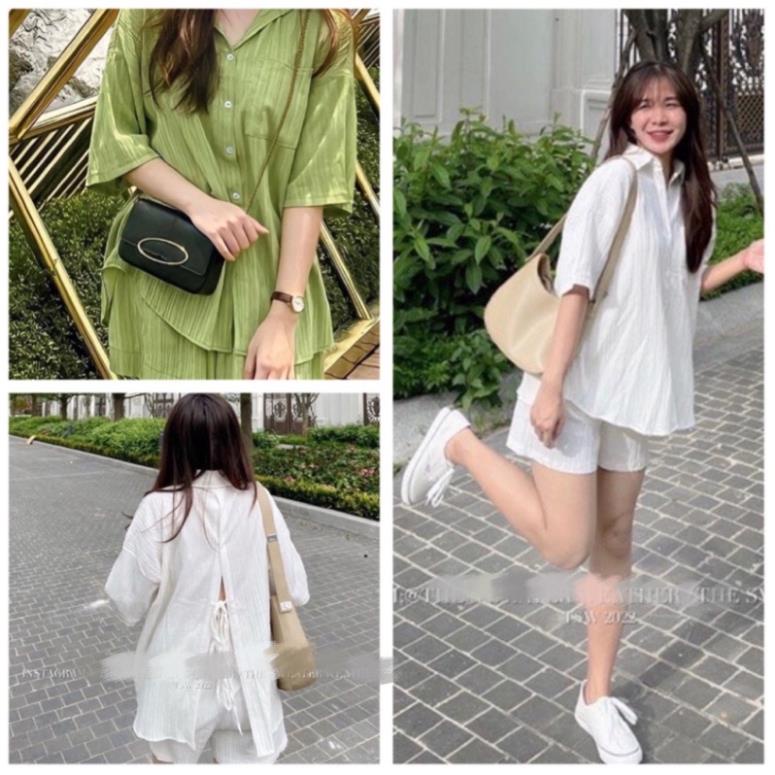 Sét Áo Sơ Mi Thắt Nơ Sau Kèm Quần Short Cạp chun Bộ Sơ Mi Tay Lỡ Ulzzang Unisex(Hàng Sẵn)