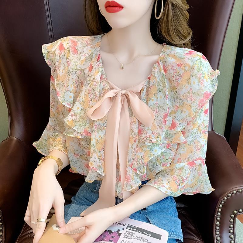 Áo Voan Hoa Ngắn Tay Phối Bèo Xinh Xắn Thời Trang Cho Nữ