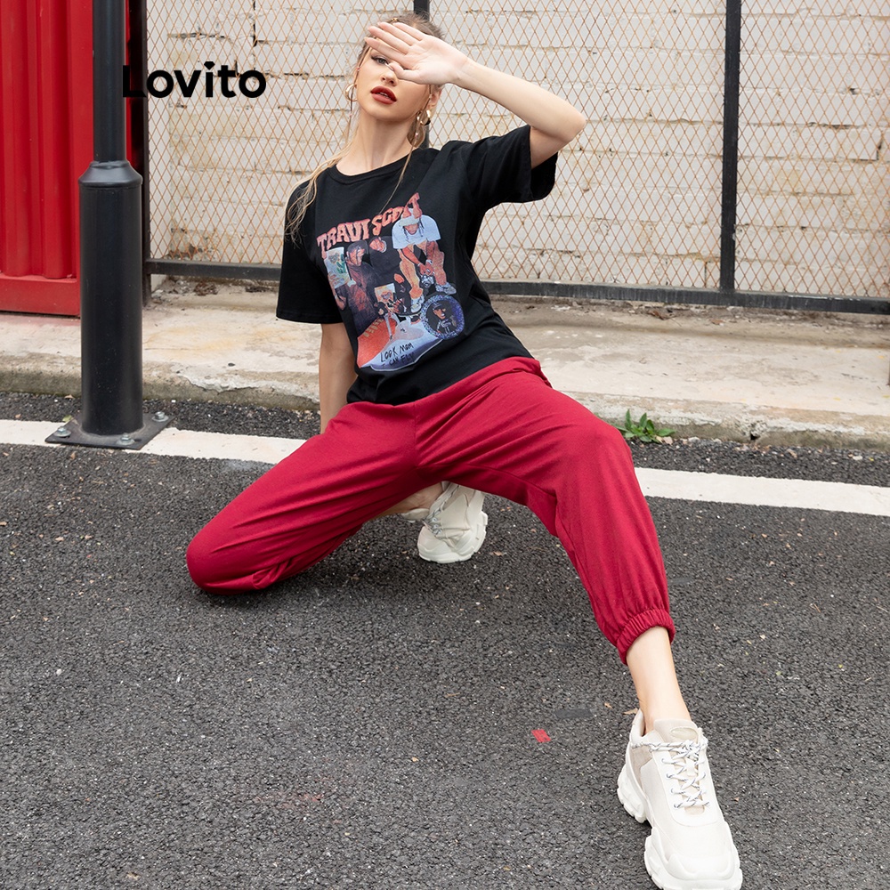 Áo thun Lovito in họa tiết phong cách vintage đơn giản L00241 (màu đen/ trắng) | BigBuy360 - bigbuy360.vn