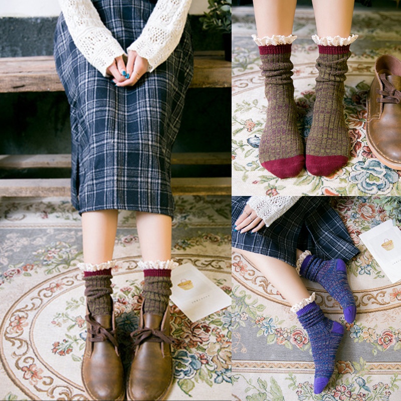 XIXI Vớ ống trung bình phối ren dày dặn ấm áp thời trang thu đông phong cách Nhật Bản cho nữ