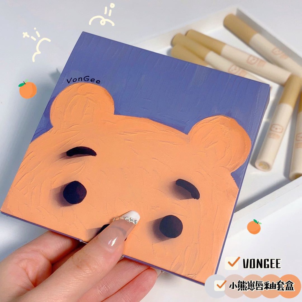 [Hàng mới về] Bộ 4 son môi VONGEE màu lì thiết kế họa tiết gấu hoạt hình đáng yêu