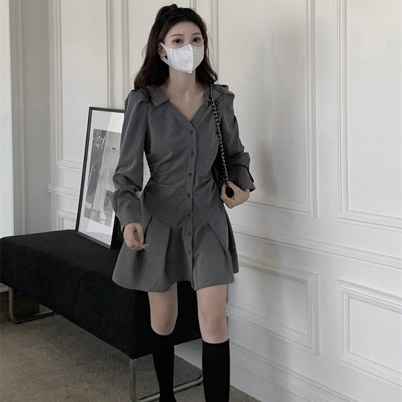 Đầm Sơ Mi Tay Dài Cổ Chữ V Thiết Kế Hợp Thời Trang