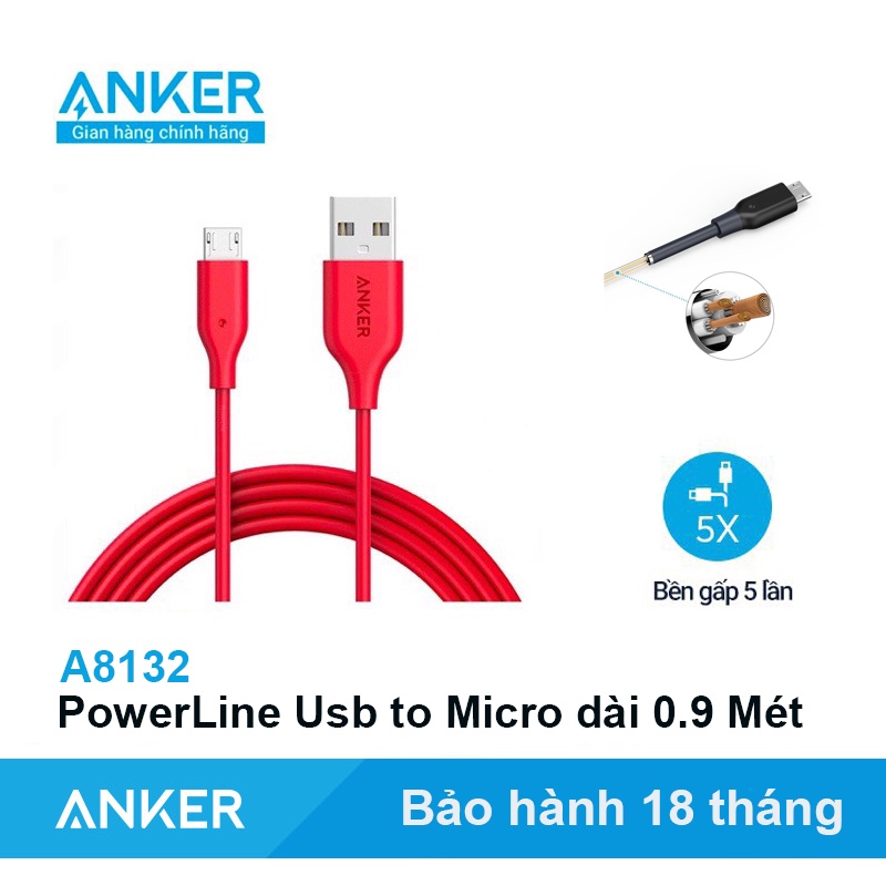Cáp ANKER PowerLine Usb to Micro Dài 90cm - Mã A8132 Sạc nhanh Quick Charge 15W cho Androi Samsung