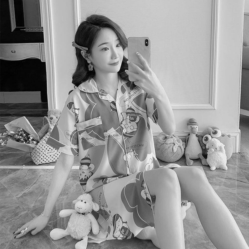 OCEANMAP Bộ Đồ Ngủ Tay Ngắn Bằng Lụa Siêu Mỏng In Họa Tiết Chú Ong / Vịt Thoải Mái Cho Nữ