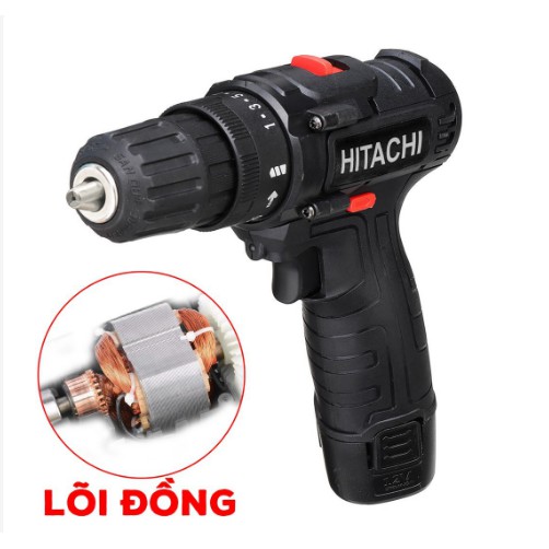 Máy khoan pin HITACHI 12V, Bắn Vít, Vặn vít - Khoan cầm tay 2 cấp tốc độ, 100% đồng, Siêu bền, Có Đèn