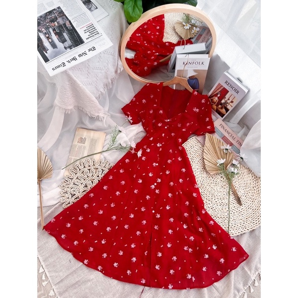 ĐẦM ĐỎ HOA NHÍU NGỰC MIDI