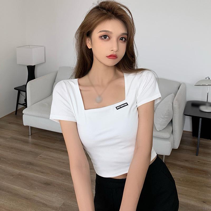 Áo thun croptop cổ vuông tay ngắn dáng ôm phong cách Hàn Quốc chất lượng cao