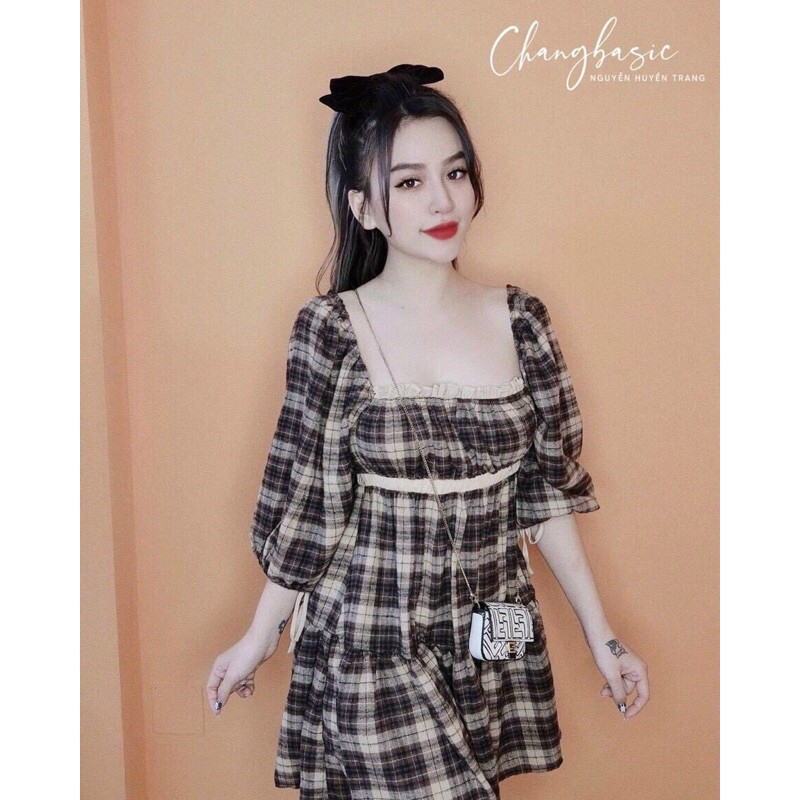 🛑FREE SHIP🛑Đầm Caro Cổ Vuông Tay Buộc Nơ Siêu Dễ Thương