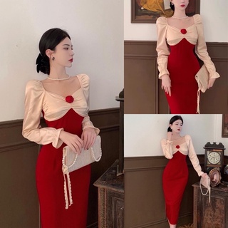 Đầm ôm body viền phối cài hoa nơ tôn dáng