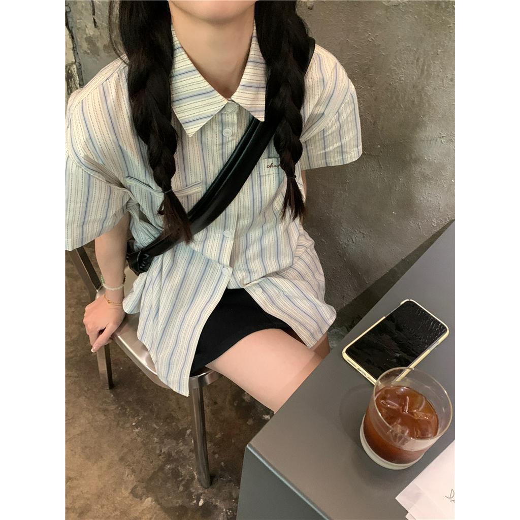 Áo Sơ Mi Kẻ Sọc Dáng Rộng Ngắn Tay Phong Cách Hàn Quốc Thời Trang Mùa Hè 6332