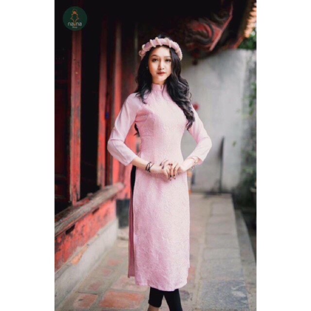 Áo dài gấm cao cấp màu hồng phấn (kèm mấn) - AODAI 3