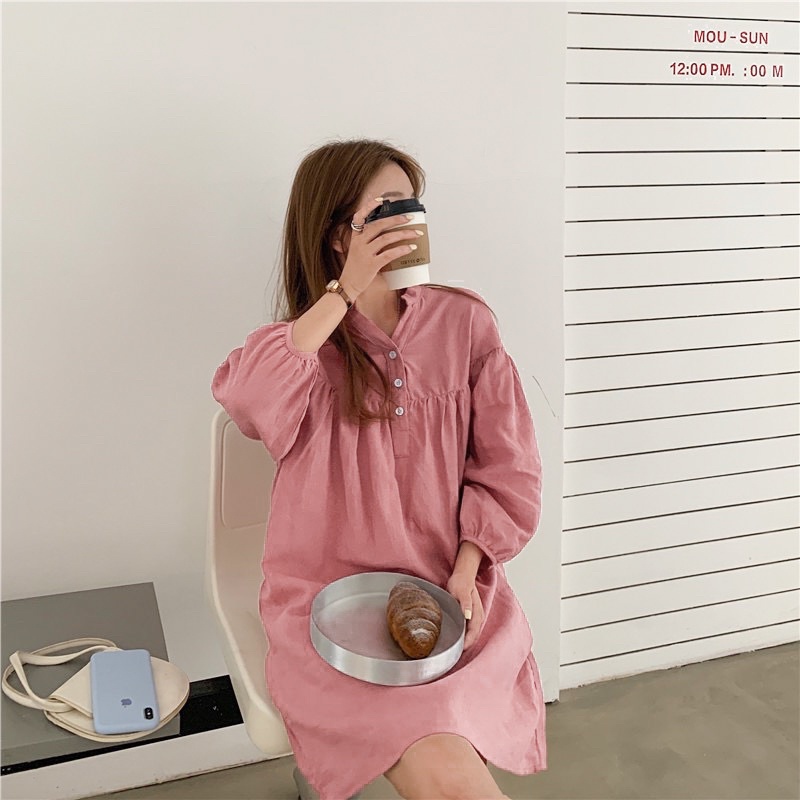 Urihouse - Đầm sơ mi babydoll form rộng dài tay màu hồng | Đầm bầu babydoll sơ mi
