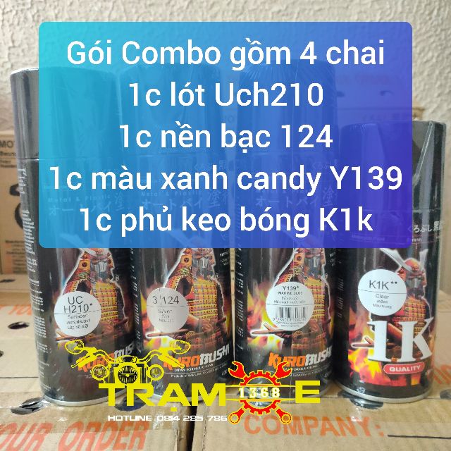 Combo sơn xịt Samurai màu xanh candy Y139  đủ quy trình bền đẹp có hướng dẫn sơn xe
