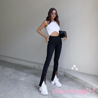 QAQ-Ladies´ solid color high-waist split trousers, spring slim-fitting tight leggings,