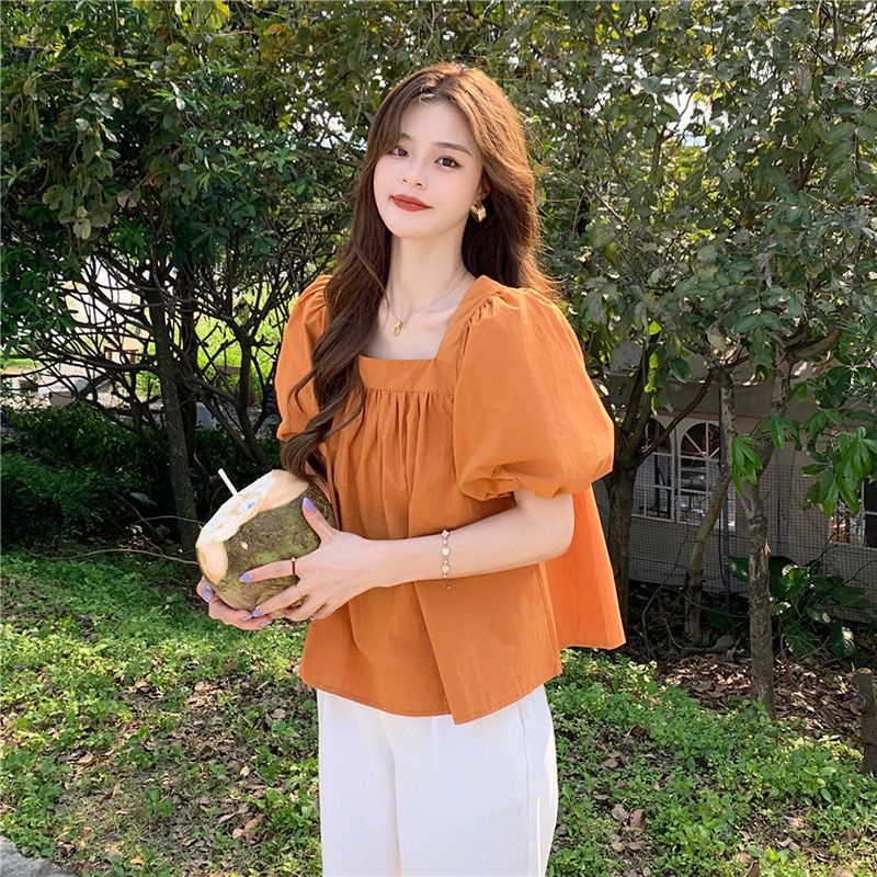 Áo Kiểu Tay Ngắn Phồng Cổ Vuông Thời Trang Xinh Xắn Cho Nữ