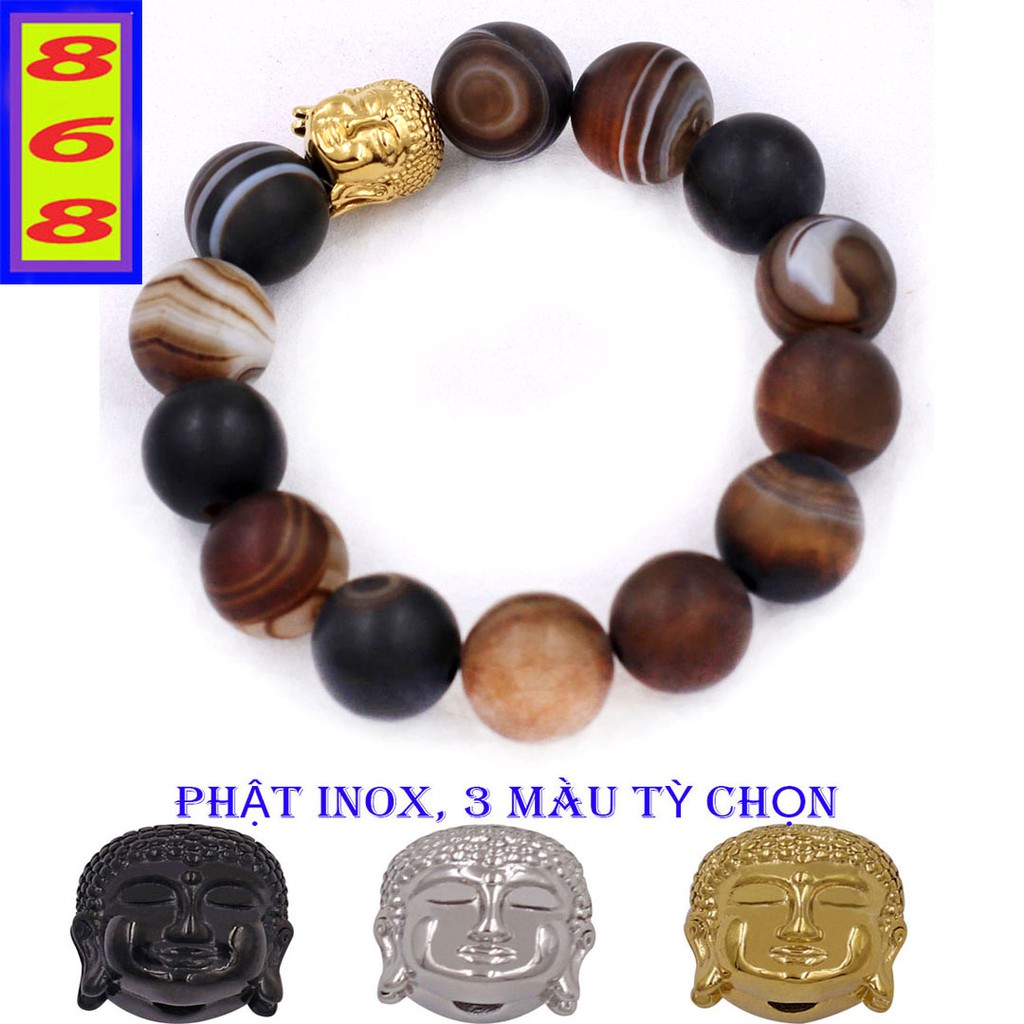 Vòng đeo tay Nâu Sọc Mờ 14 ly charm hạt Phật A Di Đà inox VMNNSMNLT14 - Hợp mệnh Kim, mệnh Thổ