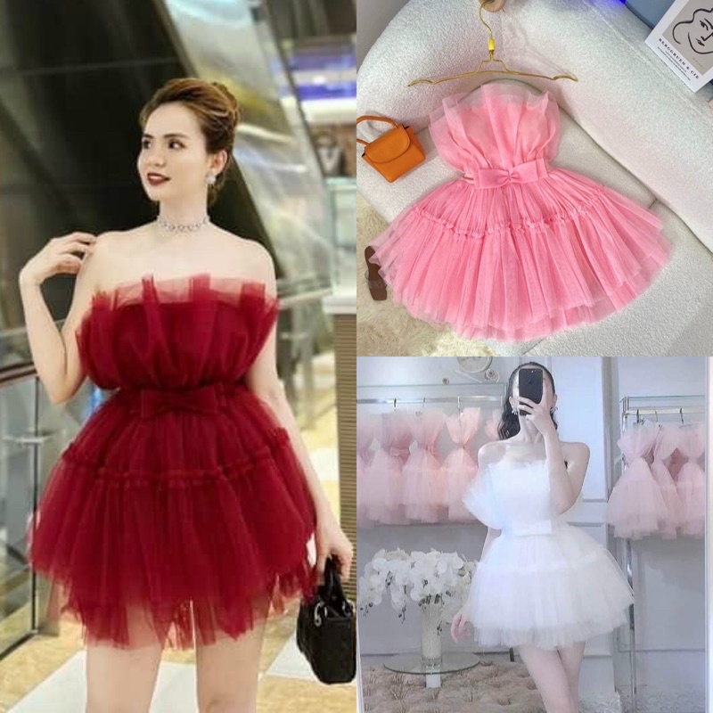 Đầm lưới cao cấp ngắn xoè cúp ngực hồng trắng đỏ, váy tiểu thư công chúa dễ thương sang trọng đi chơi dự tiệc sinh nhật