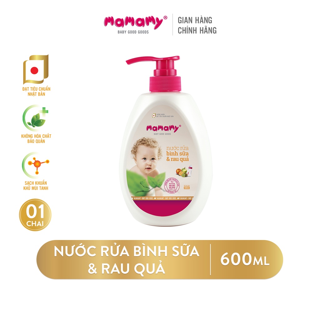 Chai Nước rửa bình sữa
và rau quả lành tính, đạt tiêu chuẩn Nhật Bản Mamamy an toàn cho cả trẻ sơ sinh 600ml