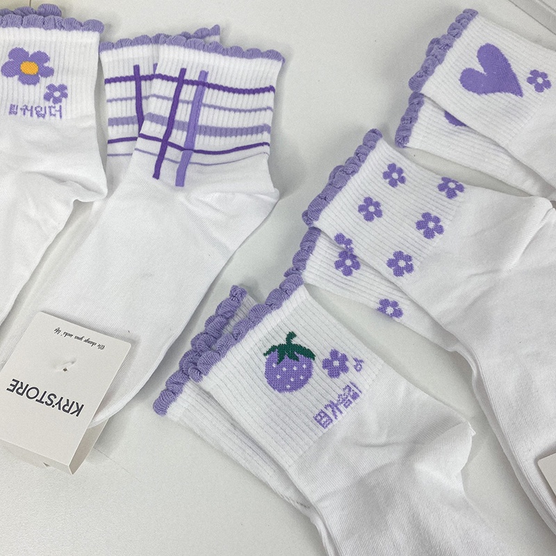 Set 5 đôi tất trắng nữ cao cổ Hoa Tím viền nhún ST16