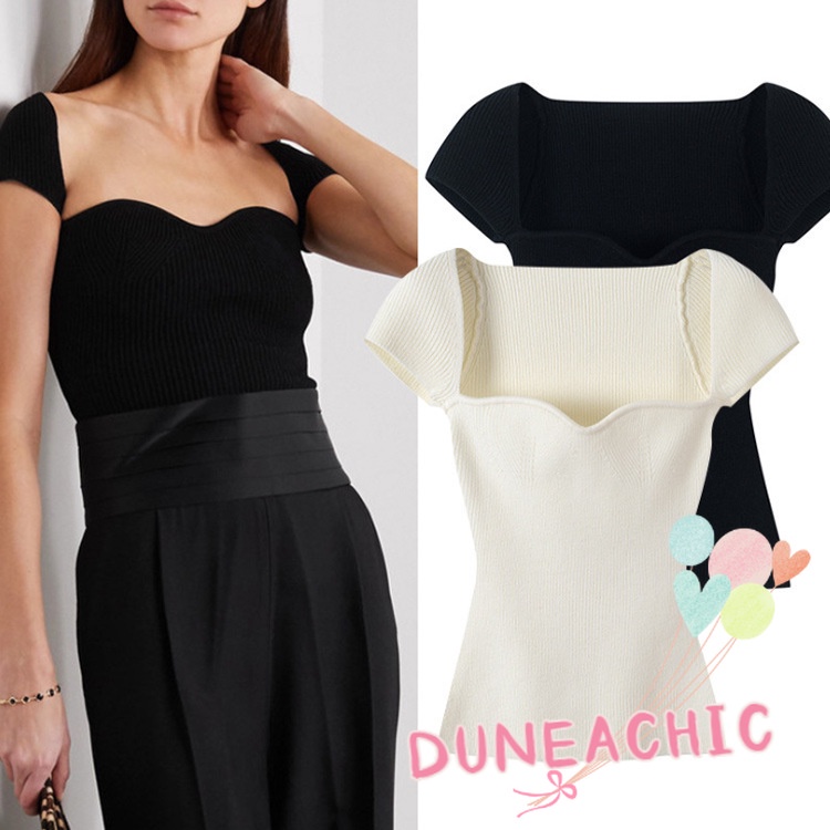 DUNEA Áo Kiểu Tay Ngắn Cổ Vuông Thiết Kế Lệch Tà Cá Tính Cho Nữ