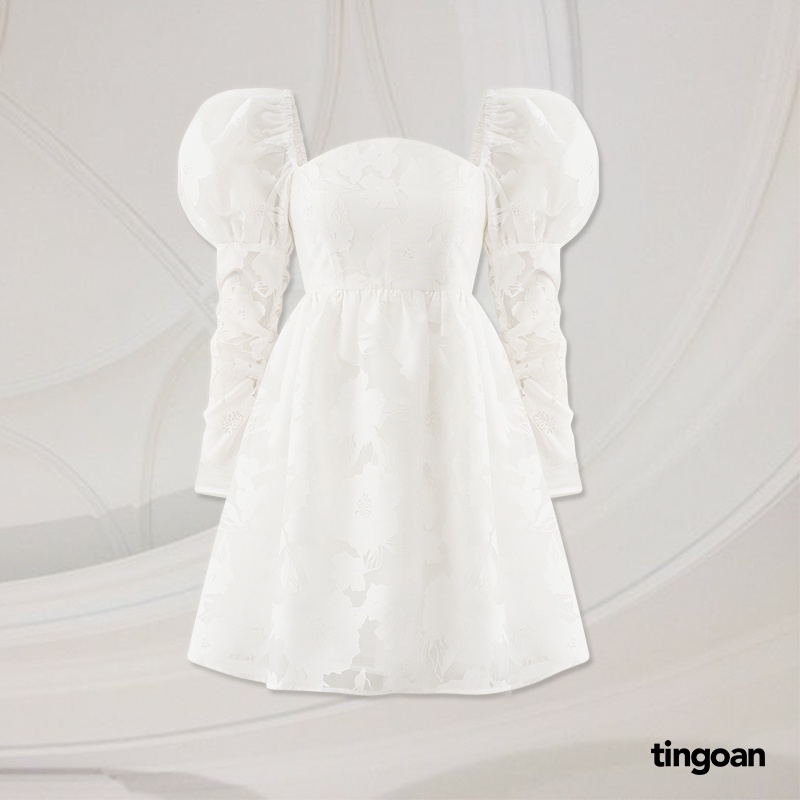 TINGOAN® - Váy tay bồng bóng kính vân hoa trắng 3 lớp vải PRETTY IN ROSÉ DRESS/WH
