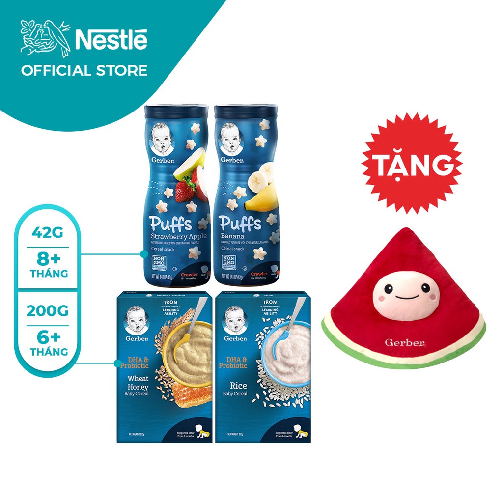 [Tặng 1 Gối Ôm Dưa Hấu] Combo 2 Bột Ăn Dặm Gerber Bột Gạo Và Lúa Mỳ Mật Ong + 2 Bánh Ăn Dặm Gerber Dâu Táo Và Chuối