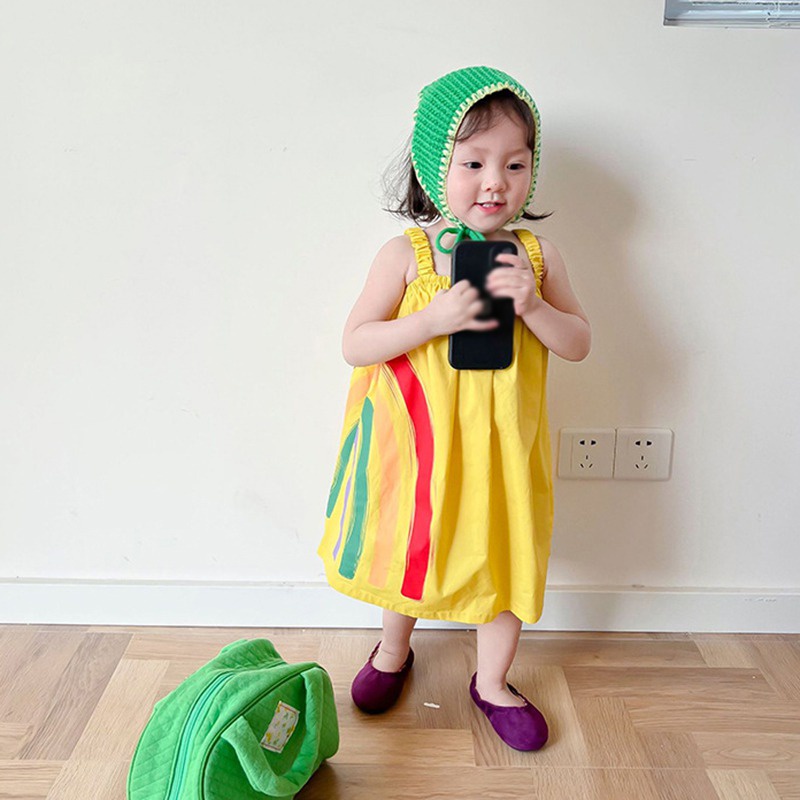 Đầm Chữ A Hai Dây Màu Vàng Cầu Vồng Phong Cách Phương Tây Thời Trang Mùa Hè Dành Cho Bé Gái