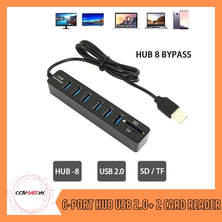 💥[Hub USB]💥Hub USB Combo 6 Ports USB 2.0 Cùng 2 Đầu Đọc Thẻ Micro SD| TF Card Tốc Độ Cao Đa Năng