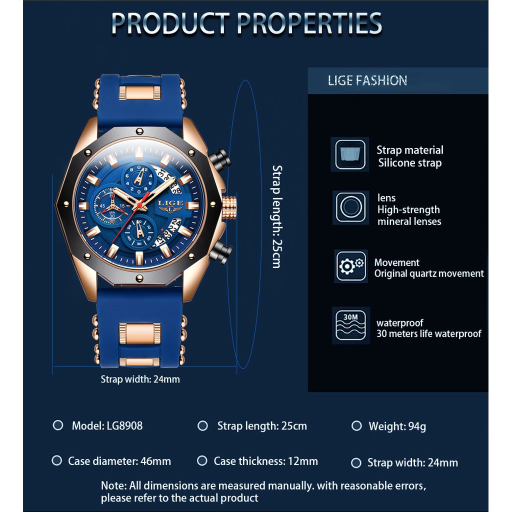 LIGE 2021 thời trang mới Đồng Hồ Nam chống nước Đồng hồ đeo tay thể thao silicon Với Lịch Chronograph Đồng hồ thạch anh + hộp | BigBuy360 - bigbuy360.vn
