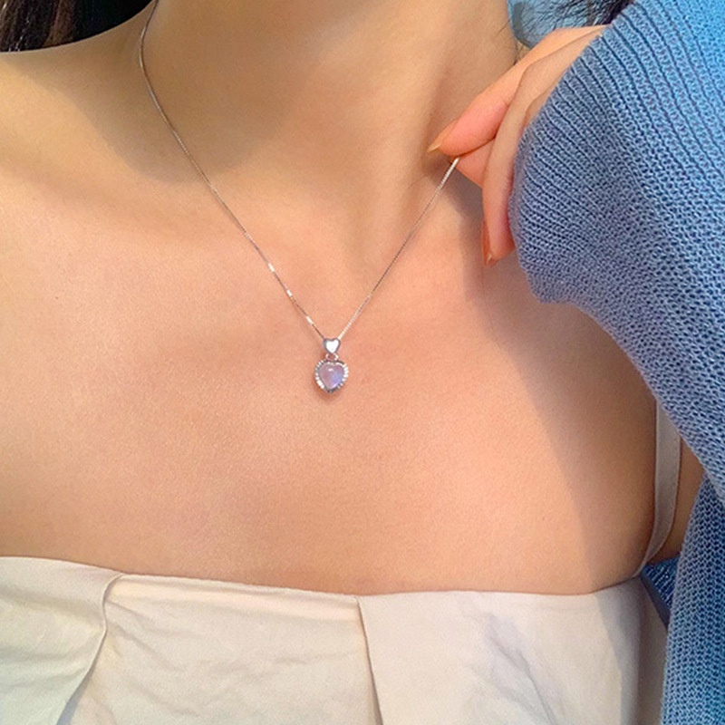 Dây Chuyền Mặt Hình Trái Tim Đính Đá Mặt Trăng Đơn Giản Thời Trang