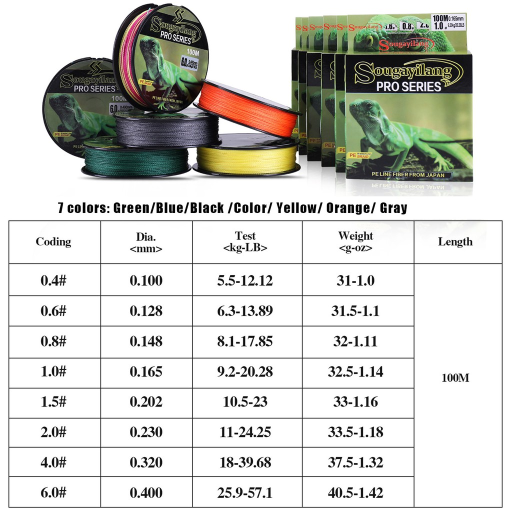 Cuộn dây câu Sougayilang 4 sợi PE bện nhiều màu sắc siêu bền chắc chất lượng cao 100m