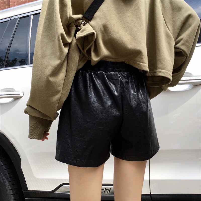 Quần short da chữ A ống rộng lưng cao thời trang cho nữ