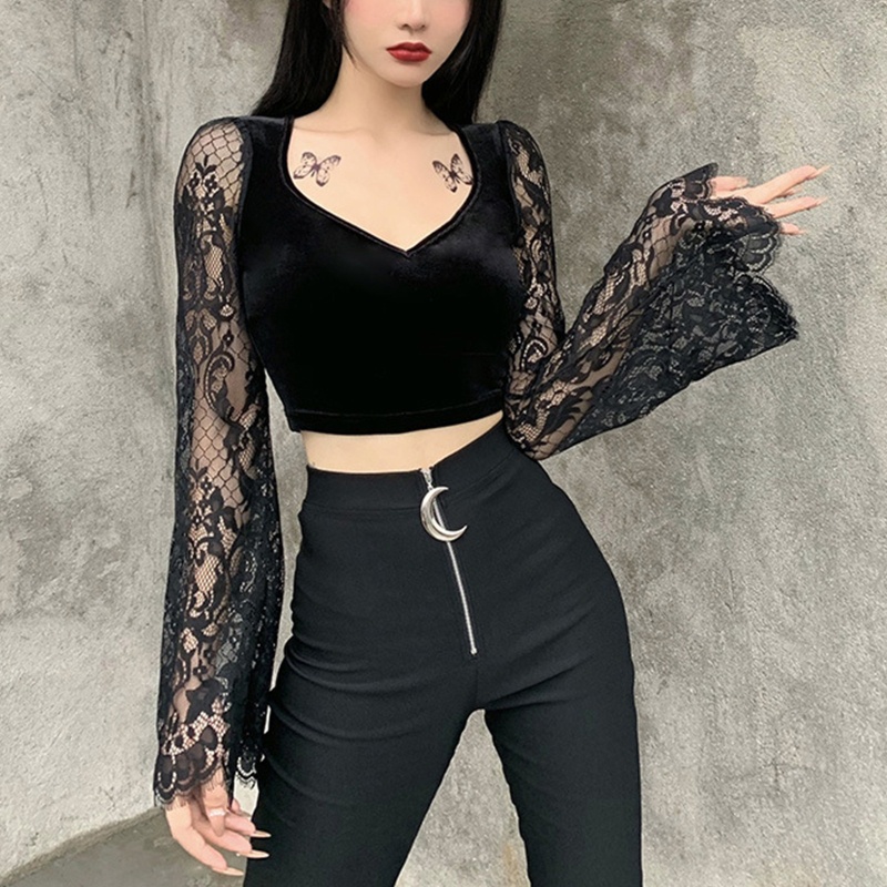 Áo Croptop Nhung Đen Tay Dài Ống Loe Cổ Chữ V Khoét Sâu Phối Ren Phong Cách Vintage Harajuku Thanh Lịch Cho Nữ
