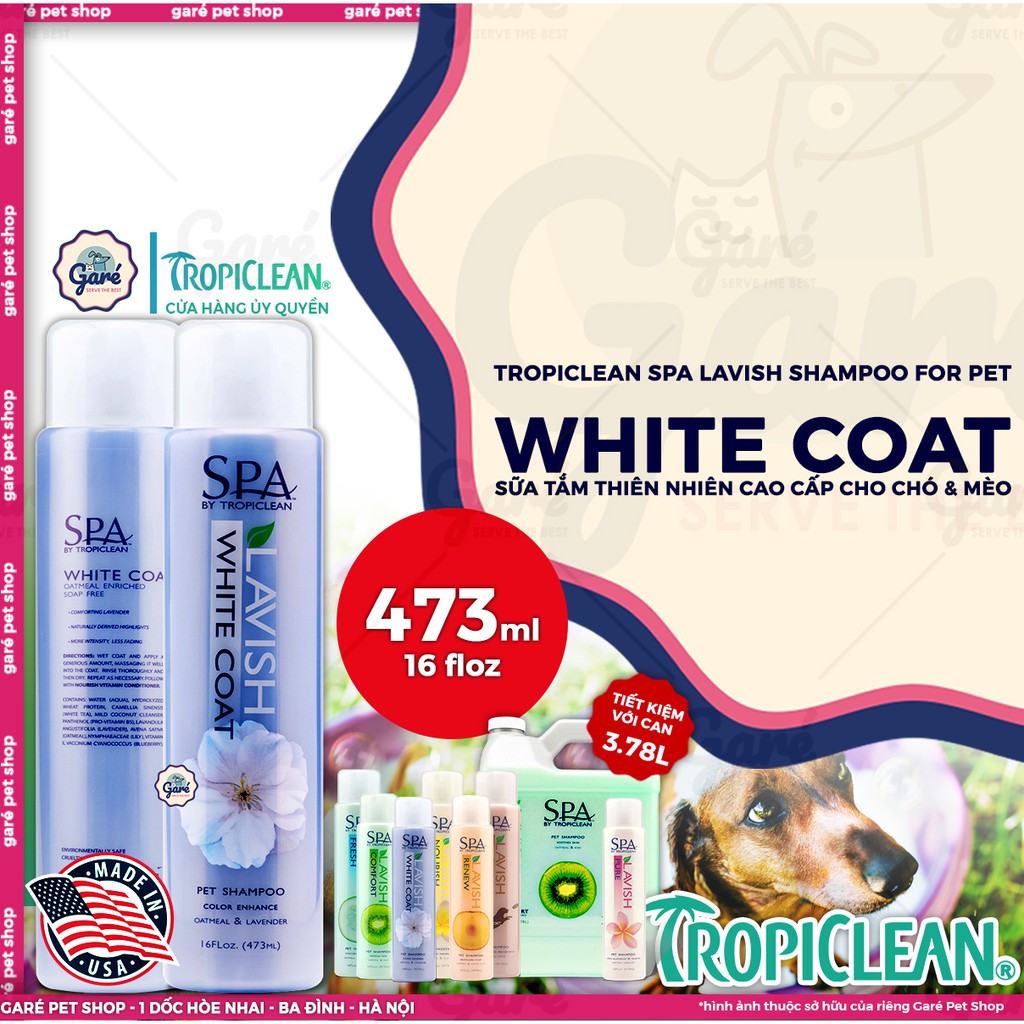 Sữa tắm SPA Lavish White Coat dưỡng lông trắng sáng cho Cho và Mèo - TropiClean SPA White Coat Shampoo 473 ml