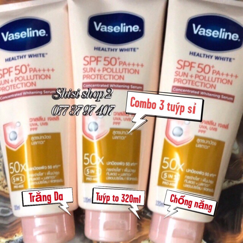 Dưỡng thể Vaseline( combo 3 tuýp) Healthy Brighr 50X SPF 50+++ Thái lan 320ml