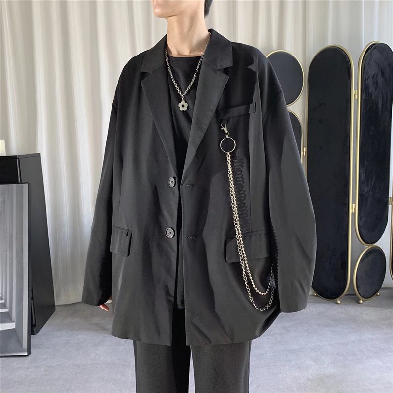 Áo Khoác Vest Phối Dây Xích Màu Xanh Dương Phong Cách Đường Phố Thời Trang Mùa Thu Cao Cấp Cho Nam