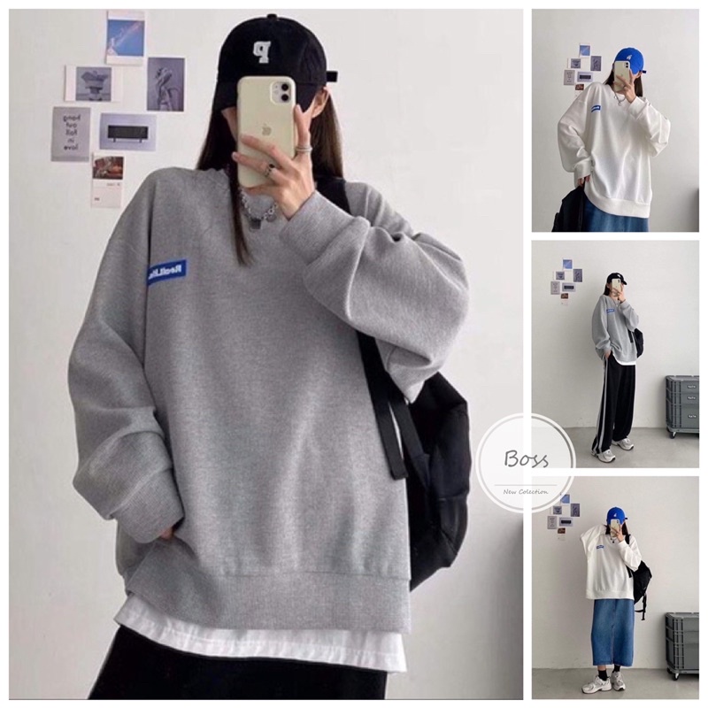 [QUÀ TẶNG 1 DÂY BUỘC TÓC] Áo Nỉ Sweeter Form Rộng Dài Tay Logo Ngực Cổ Tròn Trắng Xám | BigBuy360 - bigbuy360.vn