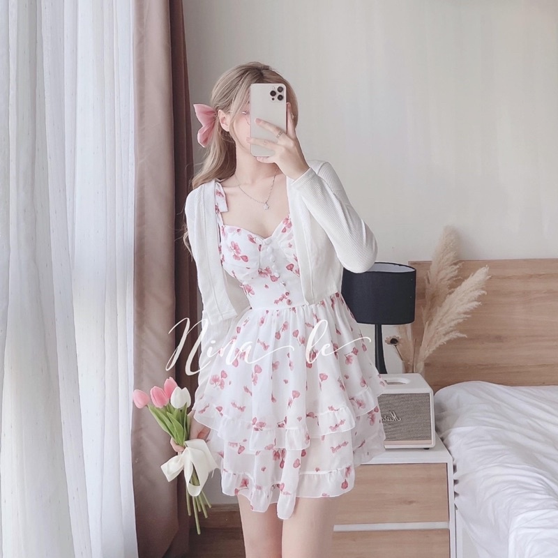 Set 2 món váy hoa 2 dây cúp ngực mix áo khoác nhẹ