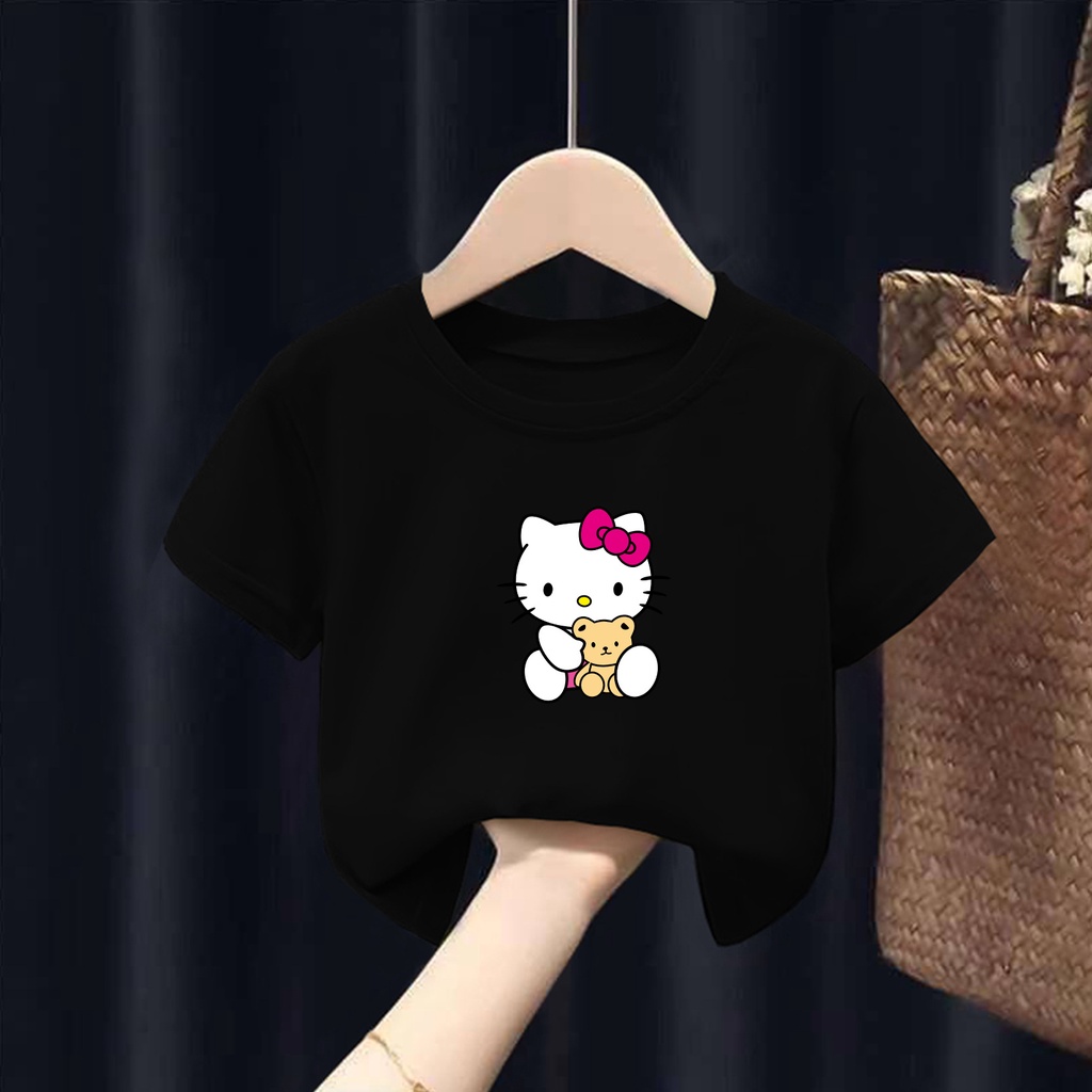 Áo cộc tay bé gái, áo thun có tay bé gái cotton Kitty ôm gấu 8-20 kg
