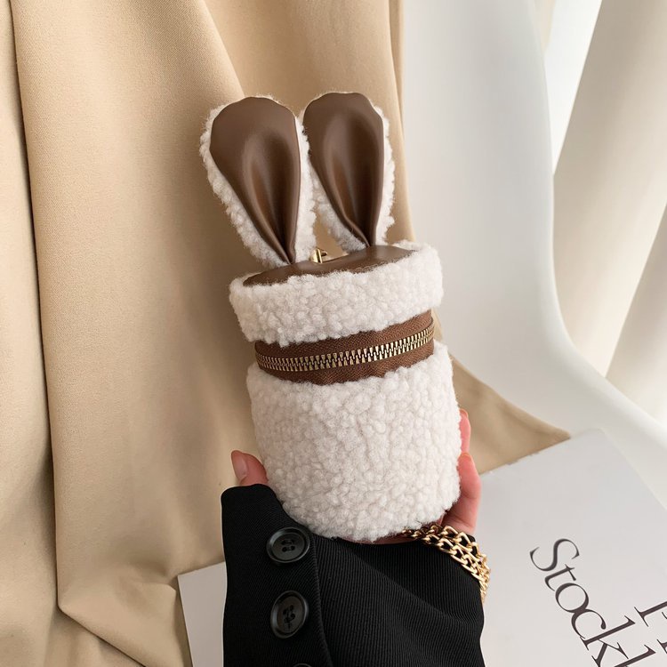 Túi Đeo Chéo Lông Cừu Mini Hình Trụ Đính Tai Thỏ Thời Trang Cho Nữ