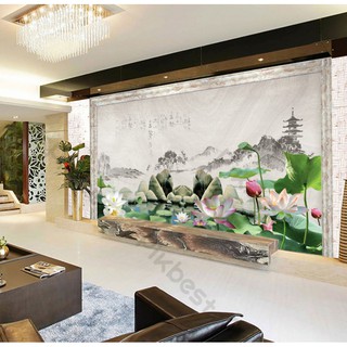 Tranh dán tường Ao sen sơn thủy mộc mạc Tranh dán nguyên tấm lớn MS827635