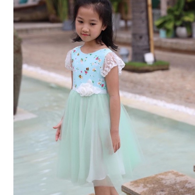 Váy hoa mùa hè chân váy phồng tay ren.