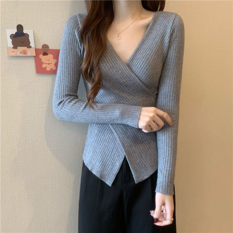 COZOK Áo sweater Tay Dài Cổ Chữ V Dáng Ôm Xẻ Tà Quyến Rũ Trẻ Trung