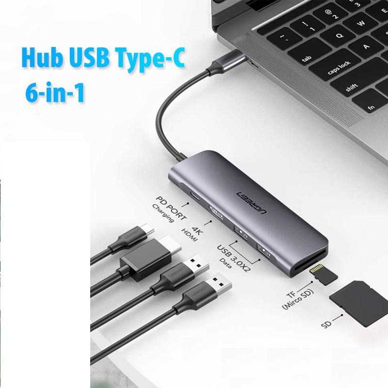 Hub USB-C 6 in 1 Ugreen 70411 (USB-C ra HDMI HDMI + 2 USB 3.0 + SD/TF +Sạc ngược USB-C )