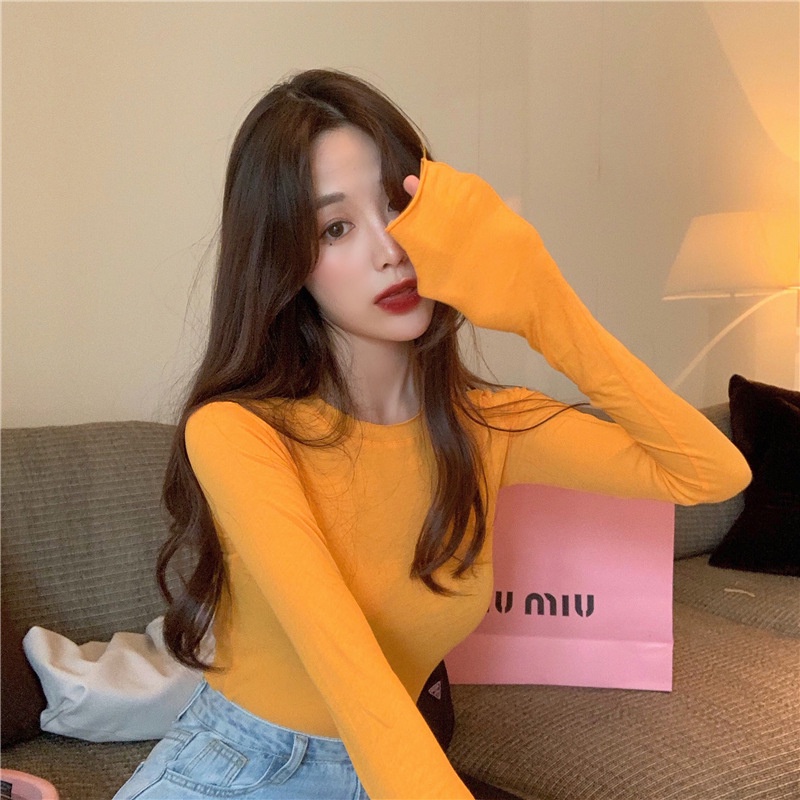 Áo thun ôm IELGY tay dài màu sắc kẹo ngọt phong cách Hàn Quốc cho nữ