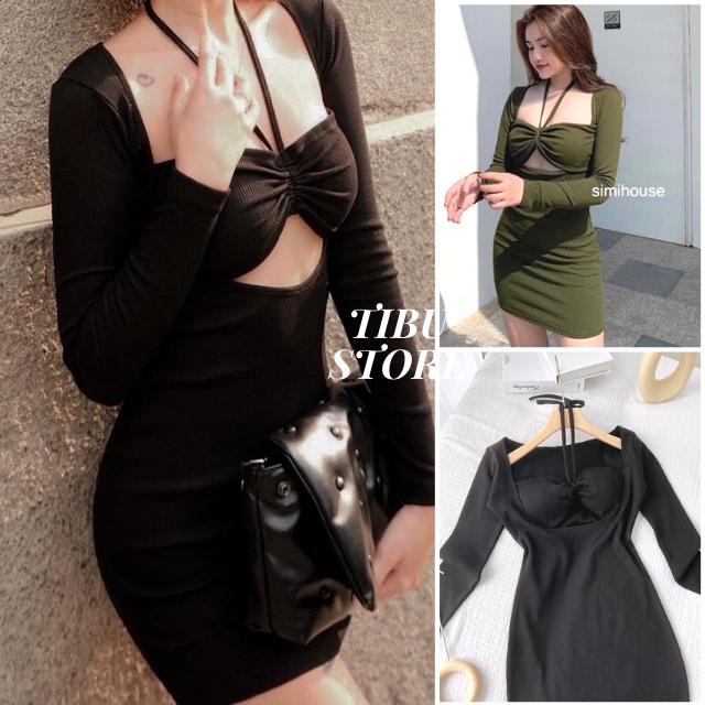 Đầm Ôm Body Tay Dài Khoét Ngực Cao Cấp Siêu Phẩm TIBU, Váy Nữ Sexy Cổ Yếm HotGirl siêu trend 2022
