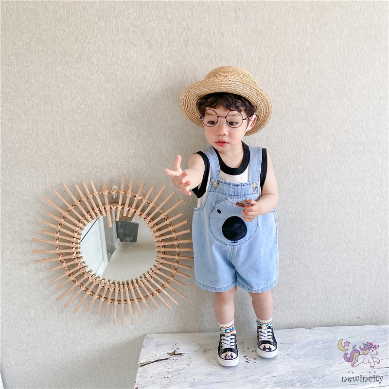 Quần yếm denim thêu họa tiết gấu ngộ nghĩnh đáng yêu phong cách Hàn Quốc thời trang cho bé